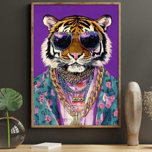 Cool Tiger in Sunglasses Canvas Print, Hipster Animal Poster, Funky Tiger Wall Art