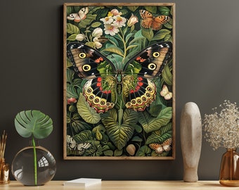 Vintage Butterfly and Flowers Canvas Print: Botanical Cottage Wall Art