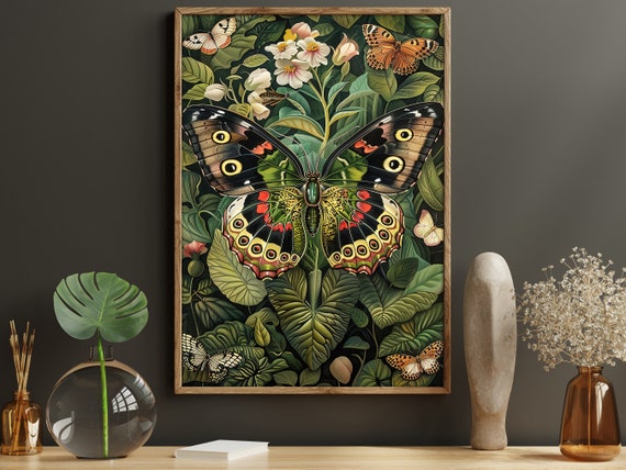 Vintage Butterfly and Flowers Canvas Print: Botanical Cottage Wall Art