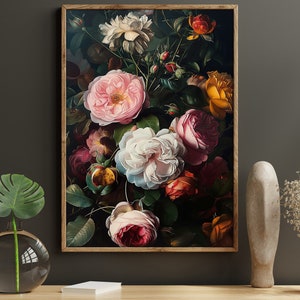 Pintura al óleo de bodegón con flores oscuras, impresión artística de Dark Academia, impresión en lienzo con flores, impresión de flores de cabaña