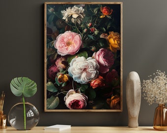 Dark Floral Still Life Art Print: Dark Academia Canvas
