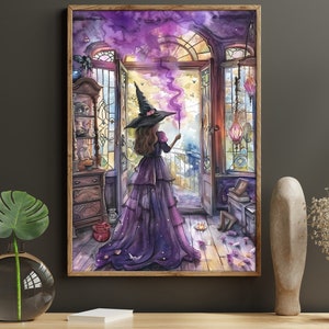 Young Witch In Magic Room Watercolor Painting, Witch Print, Witchy Canvas Print, Halloween Wall Art, Halloween Decor, Witch Poster