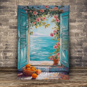 May include: Oil painting of a window with turquoise shutters overlooking a turquoise sea. Pink roses and greenery frame the view. A basket of oranges sits on the windowsill. A terracotta pot with flowers is on the right.