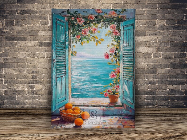 May include: Oil painting of a window with turquoise shutters overlooking a turquoise sea. Pink roses and greenery frame the view. A basket of oranges sits on the windowsill. A terracotta pot with flowers is on the right.