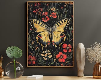 May include: A vintage style illustration of a yellow and black butterfly with red and white flowers on a black background. The butterfly is in the center of the image and is surrounded by flowers.