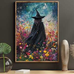 Vintage Witch in Flowers Painting: Halloween Canvas Art