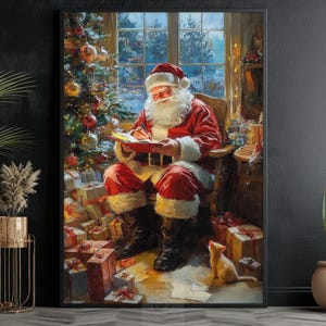 Vintage Santa Writing Painting, Warm Santa Canvas, Cottage Santa Claus Poster Print, Christmas Wall Art, Cozy Christmas Decor
