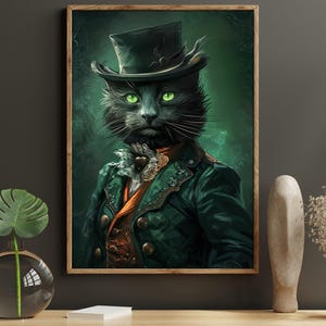 Gothic Gentleman Cat Art Print: Black Cat in Suit, Pet Wall Decor