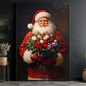 Vintage Santa Hold Flowers Painting, Warm Santa Canvas Print, Cottage Santa Claus Poster Print, Christmas Wall Art, Cozy Christmas Decor