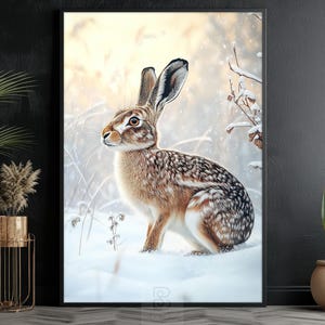 Vintage Snowy Rabbit Painting, Winter Animal Canvas, Warm Xmas Holiday Poster, Snowy Wall Art, Winter Decor
