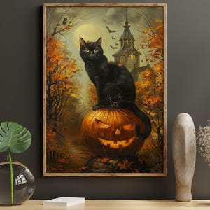 May include: A black cat sits atop a carved jack-o'-lantern in a spooky forest setting. The cat is looking to the left, and the jack-o'-lantern has a toothy grin. A spooky, old house with a tower is in the background.