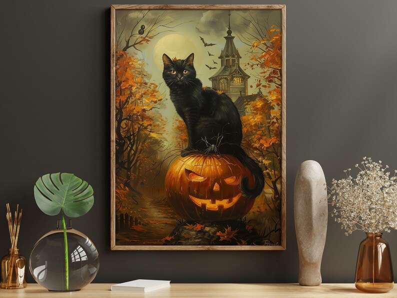 May include: A black cat sits atop a carved jack-o'-lantern in a spooky forest setting. The cat is looking to the left, and the jack-o'-lantern has a toothy grin. A spooky, old house with a tower is in the background.