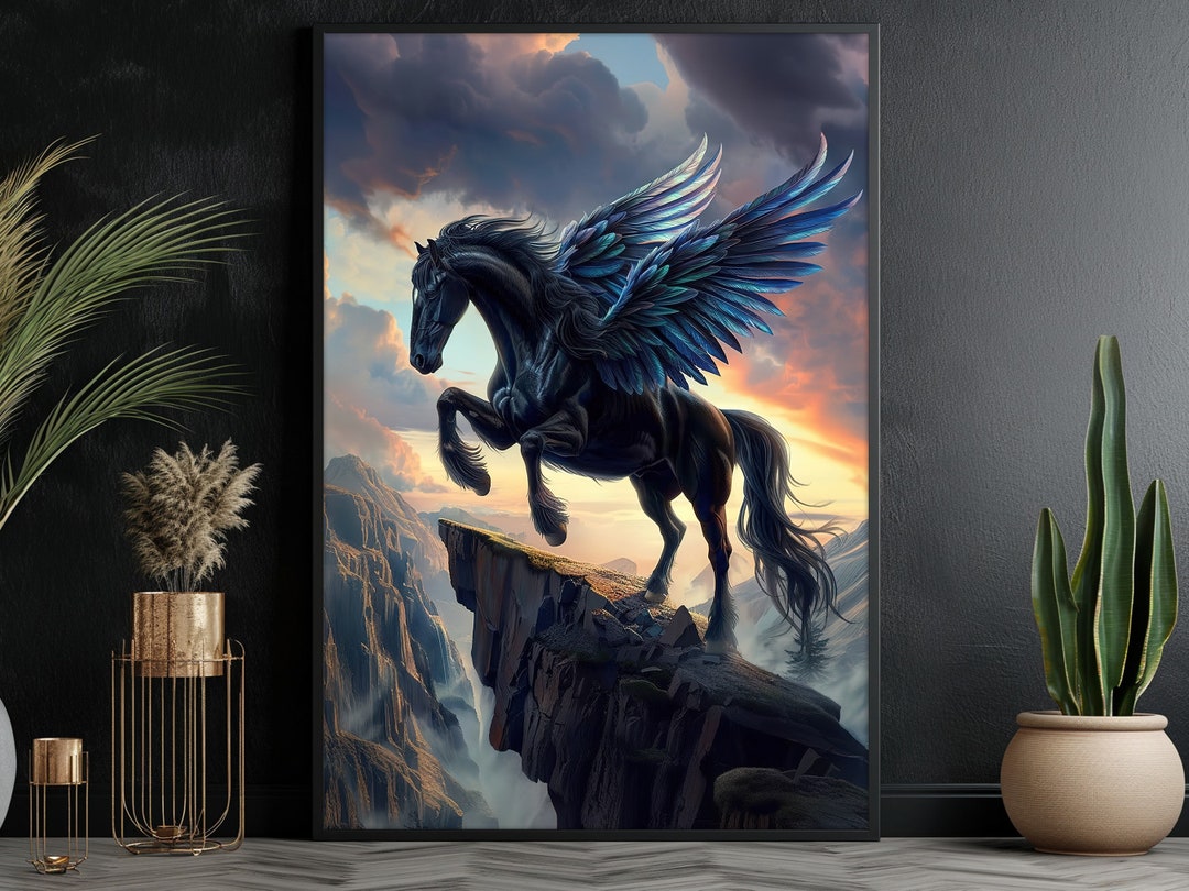 Black Angel Pegasus Print: Mythical Winged Horse Canvas Art - Etsy