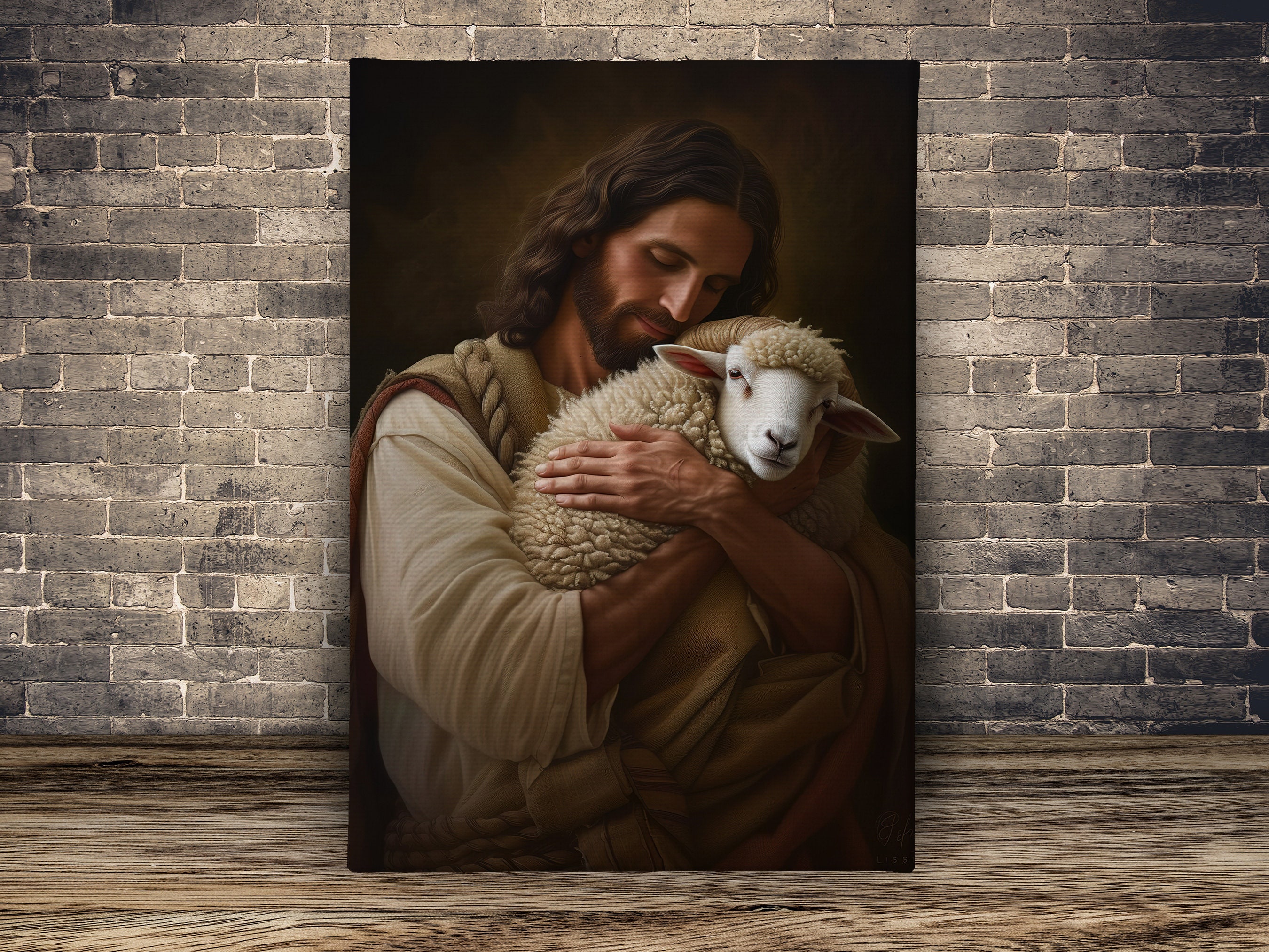 Retro Jesus Hugging Sheep Painting, Jesus Print, Faith Canvas Print ...