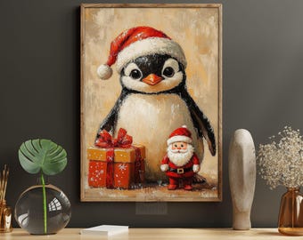 Vintage Christmas Penguin Painting: Santa Canvas Print, Holiday Wall Art