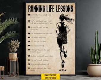 May include: A motivational poster with a black and white illustration of a woman running. The poster features the text "RUNNING LIFE LESSONS" and a list of 12 life lessons. The name "ALINA" is at the bottom of the poster.