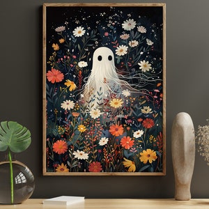 Vintage Ghost In Flowers Garden Painting, Ghost Print, Ghost Canvas Print, Halloween Poster Print, Halloween Wall Art