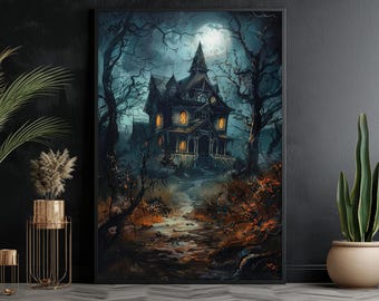 May include: A dark, spooky, and mysterious house with lit windows stands in the middle of a dark forest. The house is surrounded by tall trees and bushes. The moon is visible in the sky.