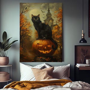 May include: A black cat sits atop a carved jack-o'-lantern with a spooky, haunted house in the background. The scene is set in a dark, autumnal forest.