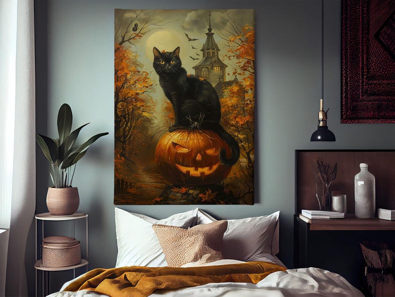 May include: A black cat sits atop a carved jack-o'-lantern with a spooky, haunted house in the background. The scene is set in a dark, autumnal forest.