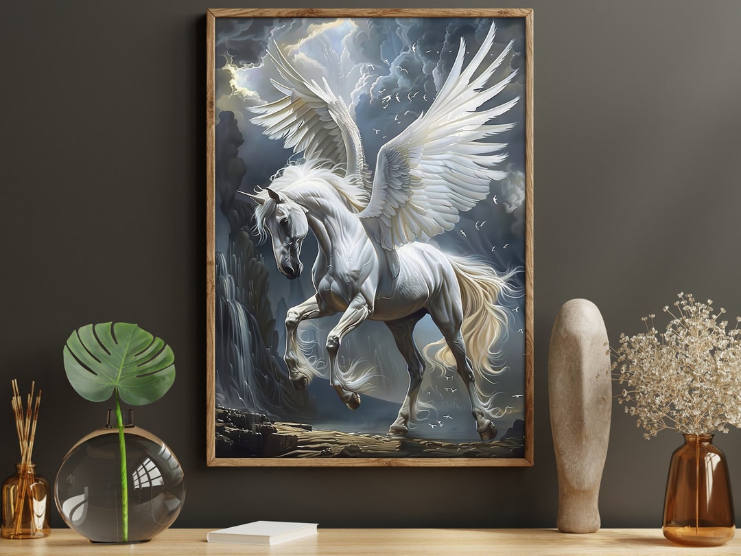 White Pegasus Oil Painting: Mythical Winged Horse Canvas Print - Etsy