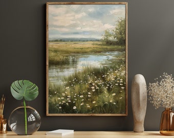 Vintage Wildflowers Along The River Painting, Flowers Print, Cottage Flowers Canvas, Botanical Poster, Botanical Wall Art