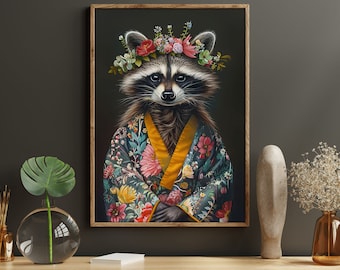 Floral Raccoon Canvas Print: Maximalist Animal Wall Art