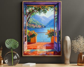 May include: A framed painting depicts a scenic view through open doors onto a lake and mountains. Orange flowers in pots flank the doors. The painting has a wooden frame and a colorful, vibrant style.