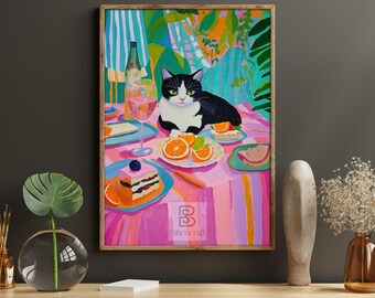 May include: A black and white cat sits at a table with a pink tablecloth. The table is set with a glass of wine, a plate of fruit, and a slice of cake. The cat is looking at the viewer. The background is a colorful painting of tropical plants.