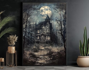 May include: A dark, spooky house with a large, full moon in the background. The house is surrounded by trees and a path leads up to the front door.