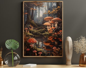 Mushroom Forest Art Print: Vintage Botanical Canvas Wall Art