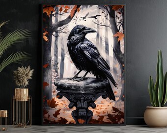 Retro Raven Art Print: Dark Crow Halloween Wall Decor