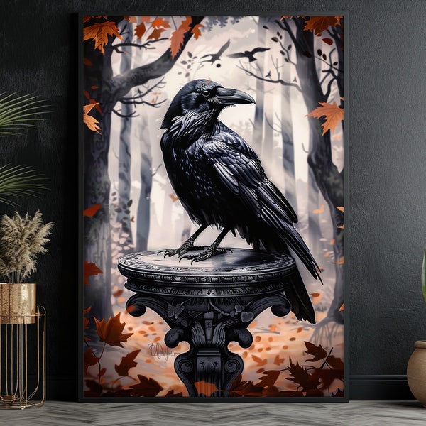 Dark Crow Painting, Retro Raven Art Print, Crow Canvas Print, Halloween Poster Print, Halloween Wall Art, Raven Lover's Gift