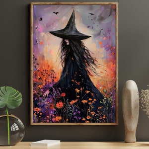 Vintage Young Witch In Flowers Field Painting, Cottage Witch Print, Witchy Canvas Print, Halloween Wall Art, Witch Poster Print