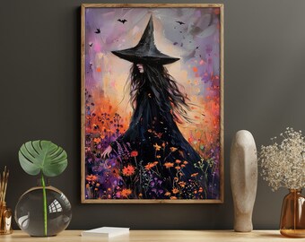 Cottage Witch Print: Young Witch in Flower Field, Halloween Wall Art