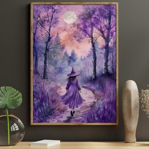 Young Witch On The Path Into Forest Oil Painting, Witch Print, Witchy Canvas Print, Halloween Wall Art, Halloween Decor, Witch Poster Print
