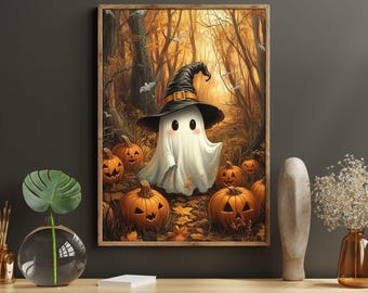 May include: A white ghost wearing a black witch hat and holding a broom stands in a forest setting with orange pumpkins scattered around.