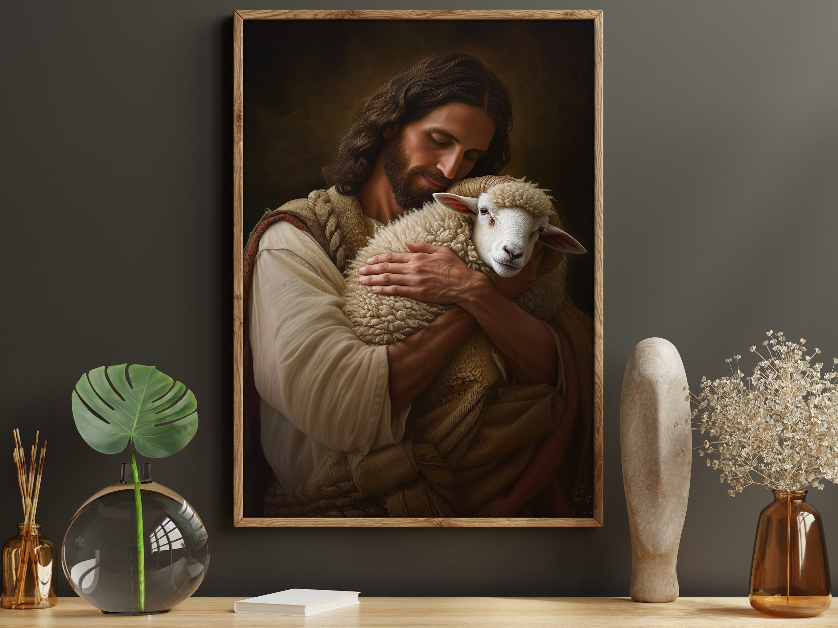 Retro Jesus Hugging Sheep Painting, Jesus Print, Faith Canvas Print ...