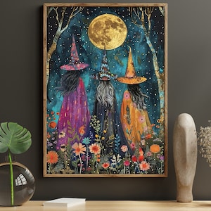 Vintage Three Witches In The Forest Painting, Cottage Witch Print, Witchy Canvas Print, Halloween Wall Art, Halloween Decor, Witch Poster