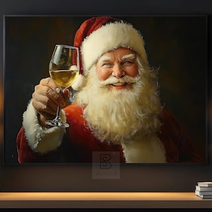 Vintage Santa Cheering Painting, Warm Santa Canvas, Cottage Santa Claus Poster Print, Christmas Wall Art, Cozy Christmas Decor