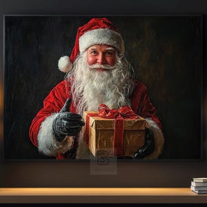 Vintage Santa&#39;s Gift Painting, Warm Santa Canvas, Cottage Santa Claus Poster Print, Christmas Wall Art, Cozy Christmas Decor