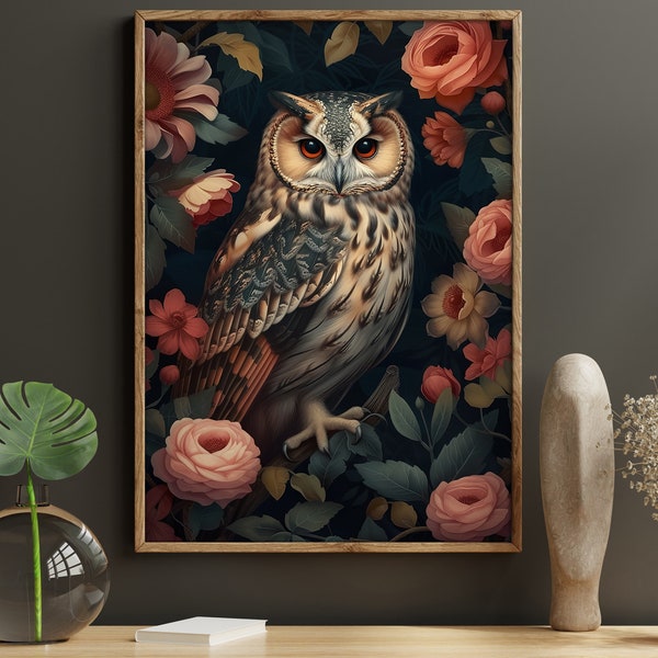 Vintage Floral Owl Painting, Gothic Owl Print, Owl Canvas Print, Wild Animal Poster Print, Animal Wall Art