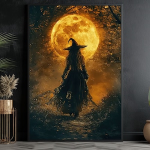 Magical Moon Witch Painting, Haunting Witch Canvas Print, Halloween Wall Art, Halloween Decor, Dark Witch Poster