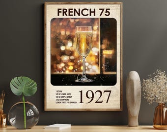 French 75 Drink Canvas Print, Alcohol Poster Print, Bar Wall Art Decor