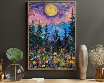 Vintage Moonlit Forest Oil Painting: Mountain Landscape Canvas Print