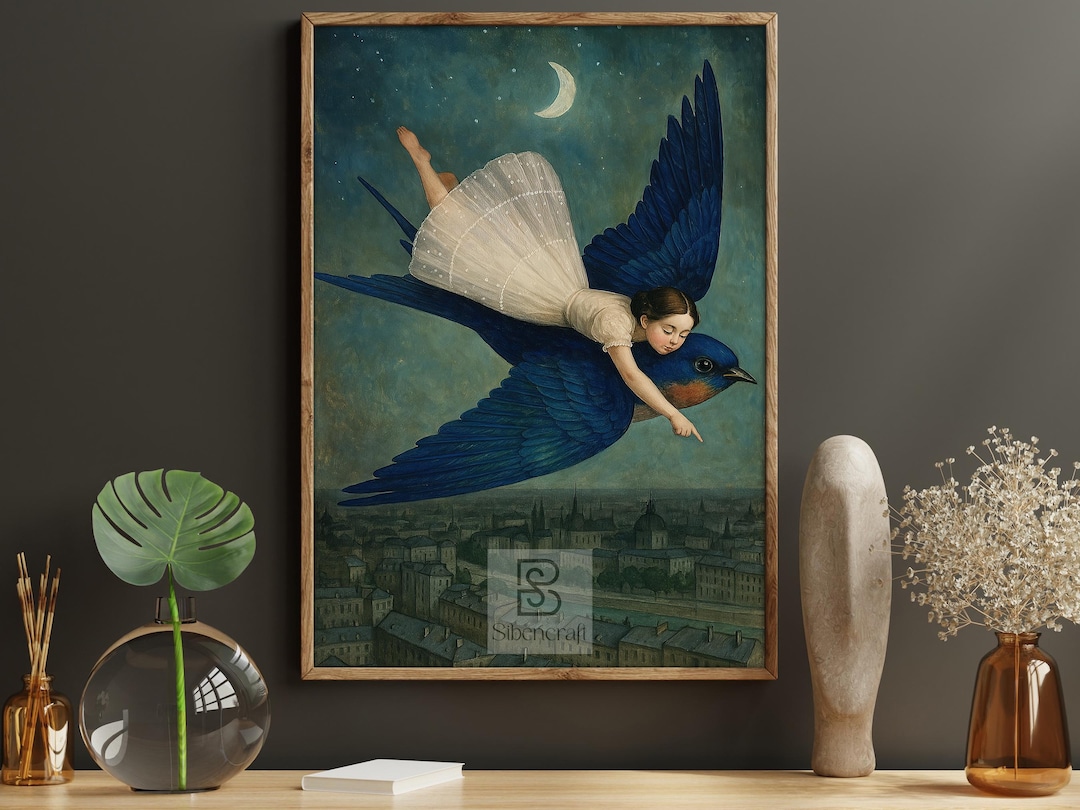 Fantasy Riding Birds Surreal Girl Riding Bird Canvas Print, Dreamy Night Sky Poster, Fantasy ...