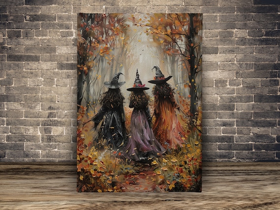 Three Witches in Autumn Forest Canvas Print - Halloween Wall Art