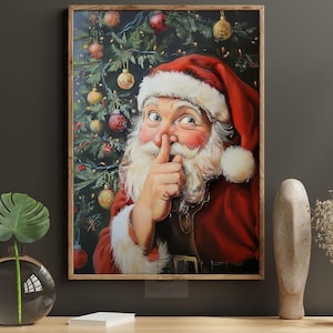 Vintage Funny Santa Painting, Warm Santa Canvas, Cottage Santa Claus Poster Print, Christmas Wall Art, Cozy Christmas Decor