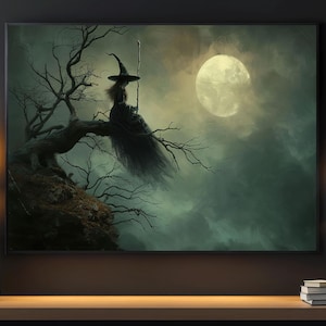 Alone Witch Under Moonlight Canvas Print, Halloween Wall Art, Halloween Decor, Cottage Witch Poster