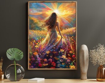 Woman in Flower Field Canvas Print: Sunset Oil Painting Poster